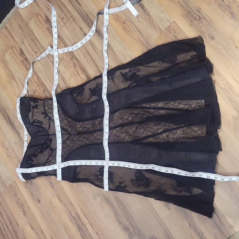 Vtg TADASHI Black Lace Mesh Over Nude Strapless Cocktail Midi Dress - Picture 13 of 14